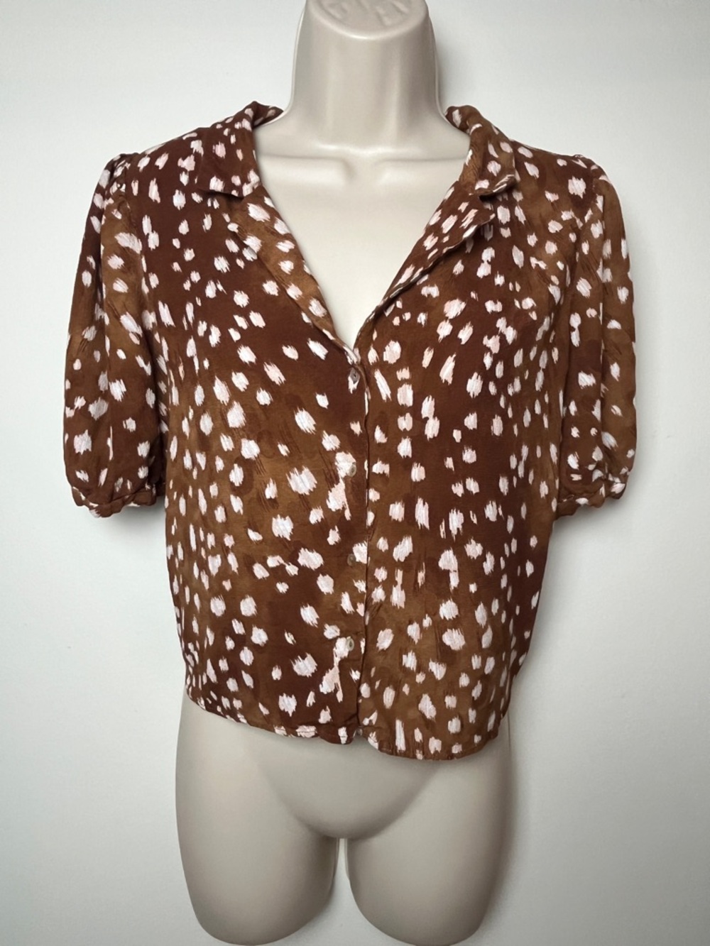 Zara Brown and White Spotted Short Sleeve Collared Button-Down Office Casual